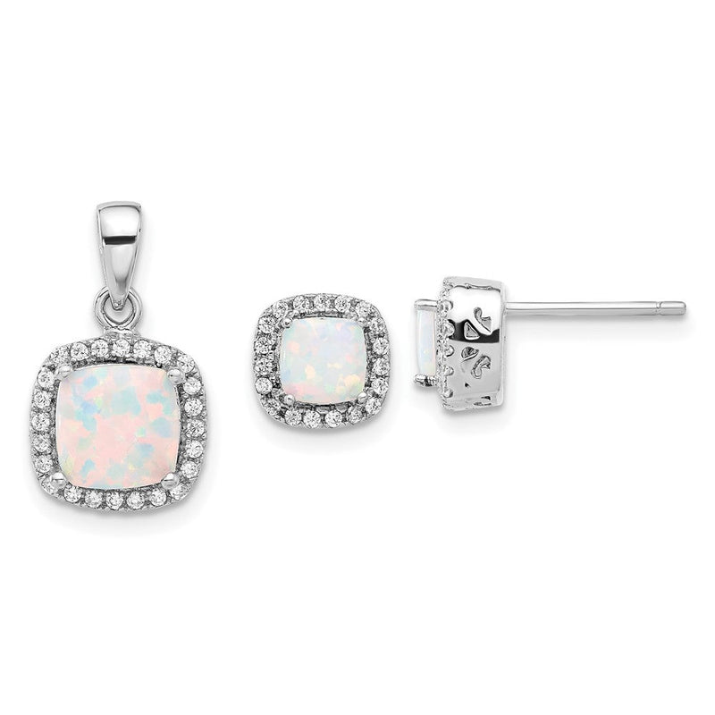 Sterlingsilber Rhodiniert Zirkonia und Erzeugt Opal Heiligenschein Anhänger und Ohrring Set