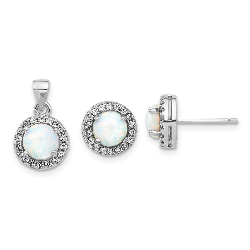 Sterlingsilber Rhodiniert Zirkonia und Erzeugt Opal Heiligenschein Anhänger und Ohrring Set