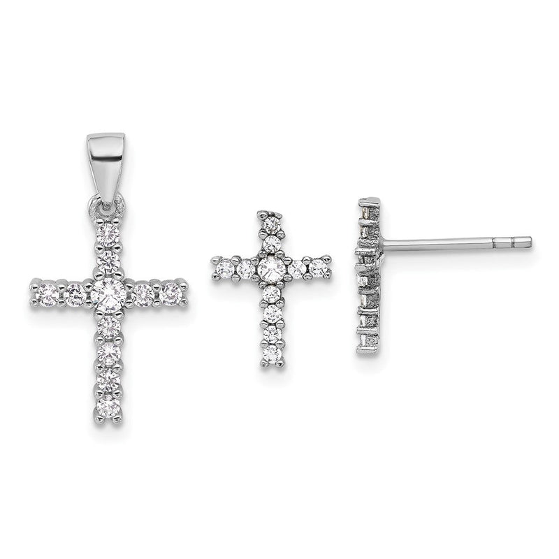 Sterlingsilber Rhodiniert Zirkonia Kreuz Ohrstecker und Anhänger Set