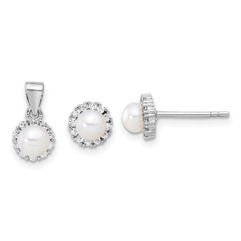 Sterlingsilber Rhodiniert 4-4.5mm Fwc Perle und Zirkonia Ohrringe und Anhänger Set