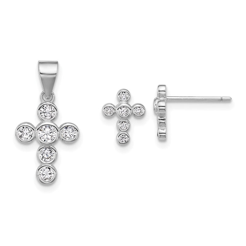 Sterlingsilber Rhodiniert Poliert Zargenfassung Zirkonia Kreuz Ohrstecker und Anhänger Set