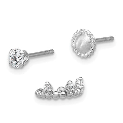 Sterlingsilber Rhodiniert Strukturiert Zirkonia Ohrstecker/circle/ear Manschette Set Of 3 Einfach Ohrring Set