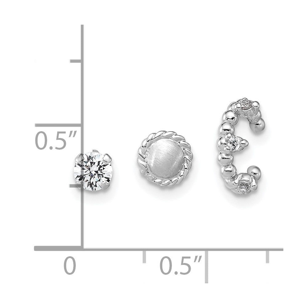 Sterlingsilber Rhodiniert Strukturiert Zirkonia Ohrstecker/circle/ear Manschette Set Of 3 Einfach Ohrring Set