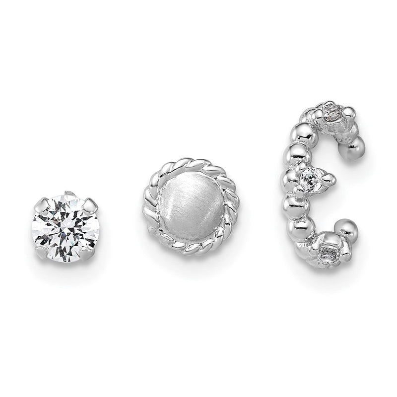 Sterlingsilber Rhodiniert Strukturiert Zirkonia Ohrstecker/circle/ear Manschette Set Of 3 Einfach Ohrring Set