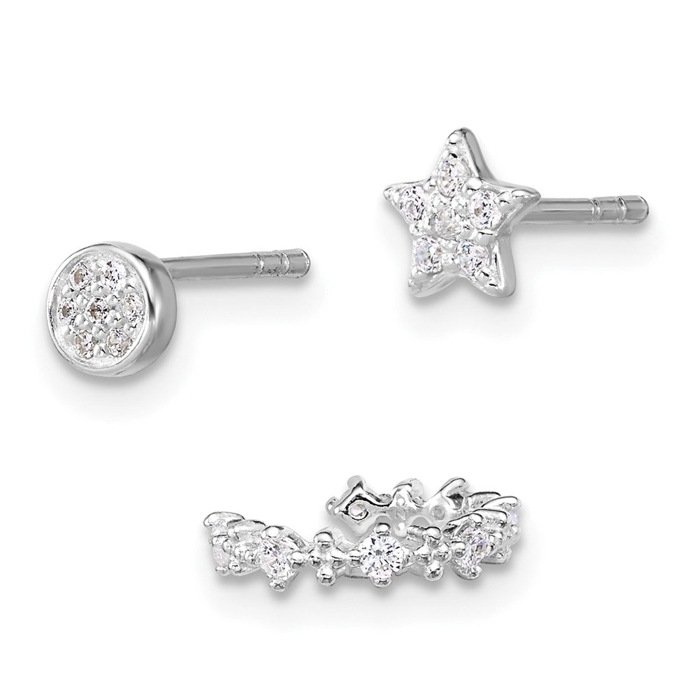 Sterlingsilber Rhodiniert Poliert Zirkonia Stern Kreis und Ohr Manschette Set Of 3 Einfach Ohrring Set