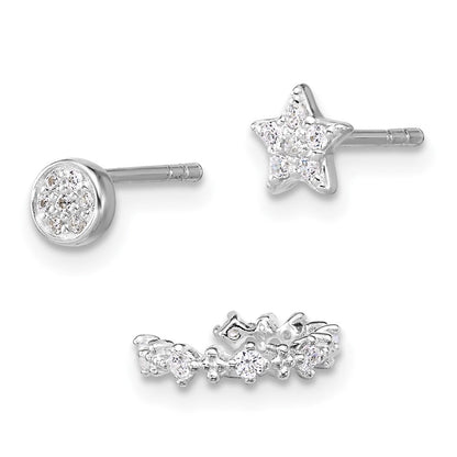 Sterlingsilber Rhodiniert Poliert Zirkonia Stern Kreis und Ohr Manschette Set Of 3 Einfach Ohrring Set