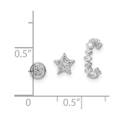 Sterlingsilber Rhodiniert Poliert Zirkonia Stern Kreis und Ohr Manschette Set Of 3 Einfach Ohrring Set
