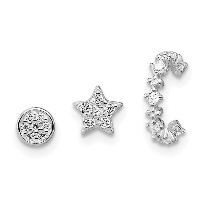 Sterlingsilber Rhodiniert Poliert Zirkonia Stern Kreis und Ohr Manschette Set Of 3 Einfach Ohrring Set