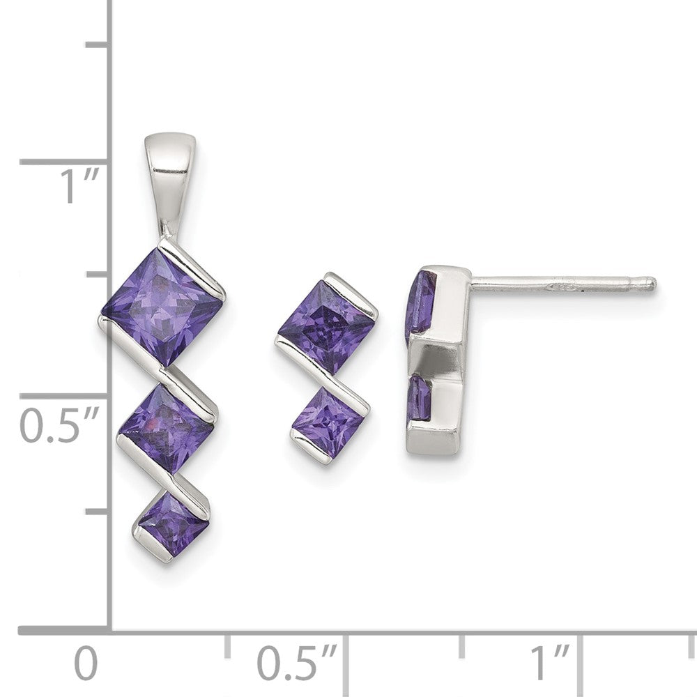 Sterlingsilber Lila Zirkonia Anhänger und Stecker Ohrring Set