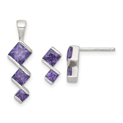Sterlingsilber Lila Zirkonia Anhänger und Stecker Ohrring Set