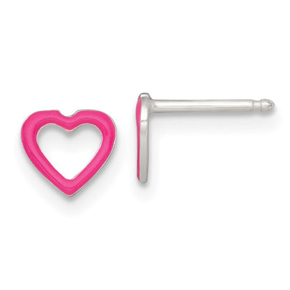 Sterlingsilber Poliert Rosa Emailliert Herz Kinder Stecker Ohrring und Halskette Set