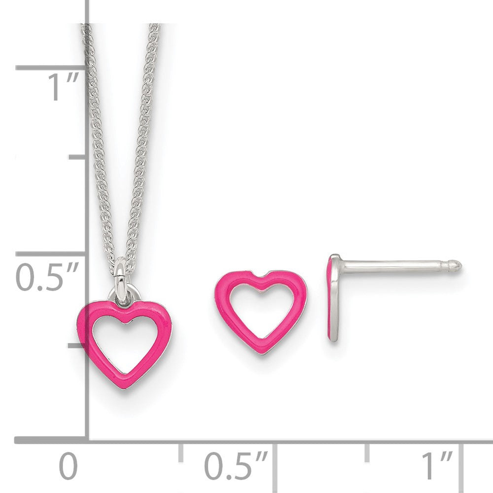 Sterlingsilber Poliert Rosa Emailliert Herz Kinder Stecker Ohrring und Halskette Set