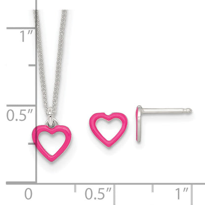 Sterlingsilber Poliert Rosa Emailliert Herz Kinder Stecker Ohrring und Halskette Set