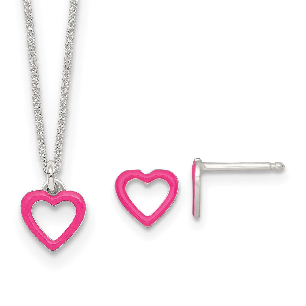 Sterlingsilber Poliert Rosa Emailliert Herz Kinder Stecker Ohrring und Halskette Set
