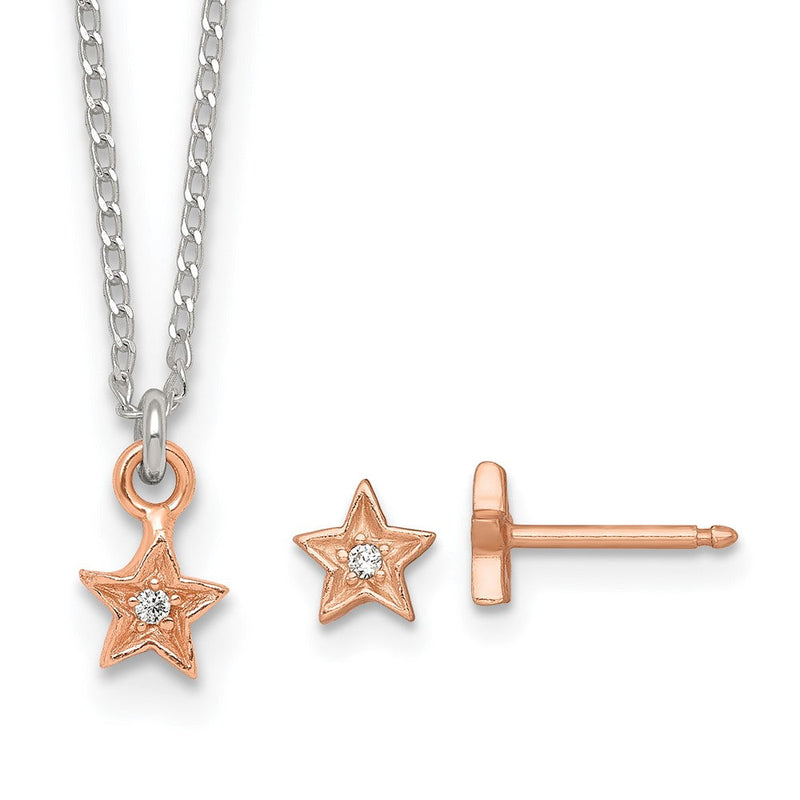 Sterlingsilber Roséfarben Zirkonia Stern Kinder Stecker Ohrring und Halskette Set
