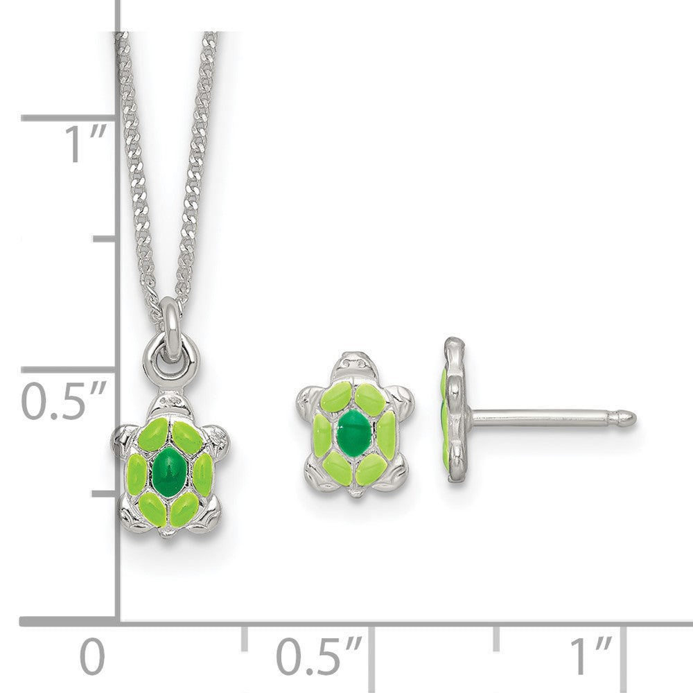 Sterlingsilber Poliert Emailliert Schildkröte Kinder Ohrstecker und Halskette Set