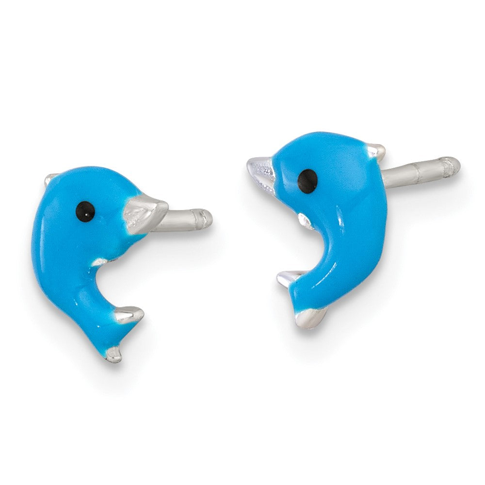 Sterlingsilber Poliert Emailliert Delfin Kinder Ohrstecker und Halskette Set