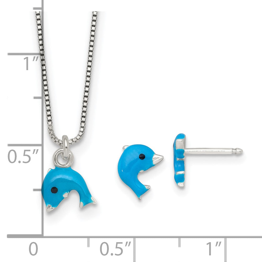 Sterlingsilber Poliert Emailliert Delfin Kinder Ohrstecker und Halskette Set