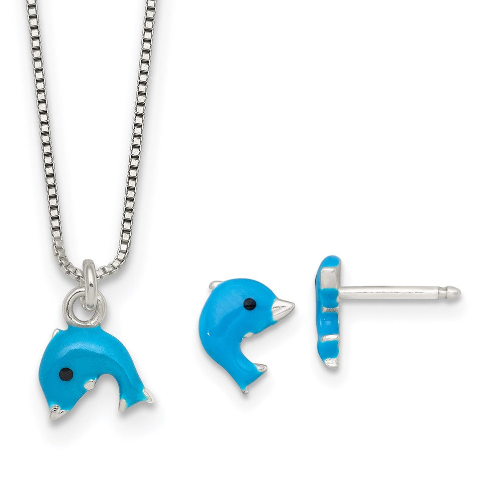 Sterlingsilber Poliert Emailliert Delfin Kinder Ohrstecker und Halskette Set