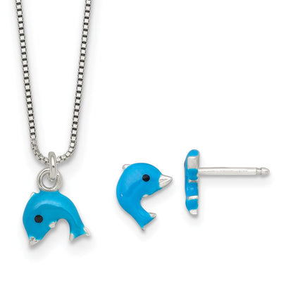 Sterlingsilber Poliert Emailliert Delfin Kinder Ohrstecker und Halskette Set