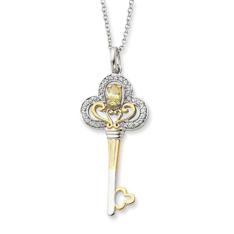 Sterlingsilber & Vergoldet Nov. Zirkonia Geburtsstein Key 18 Zoll Halskette