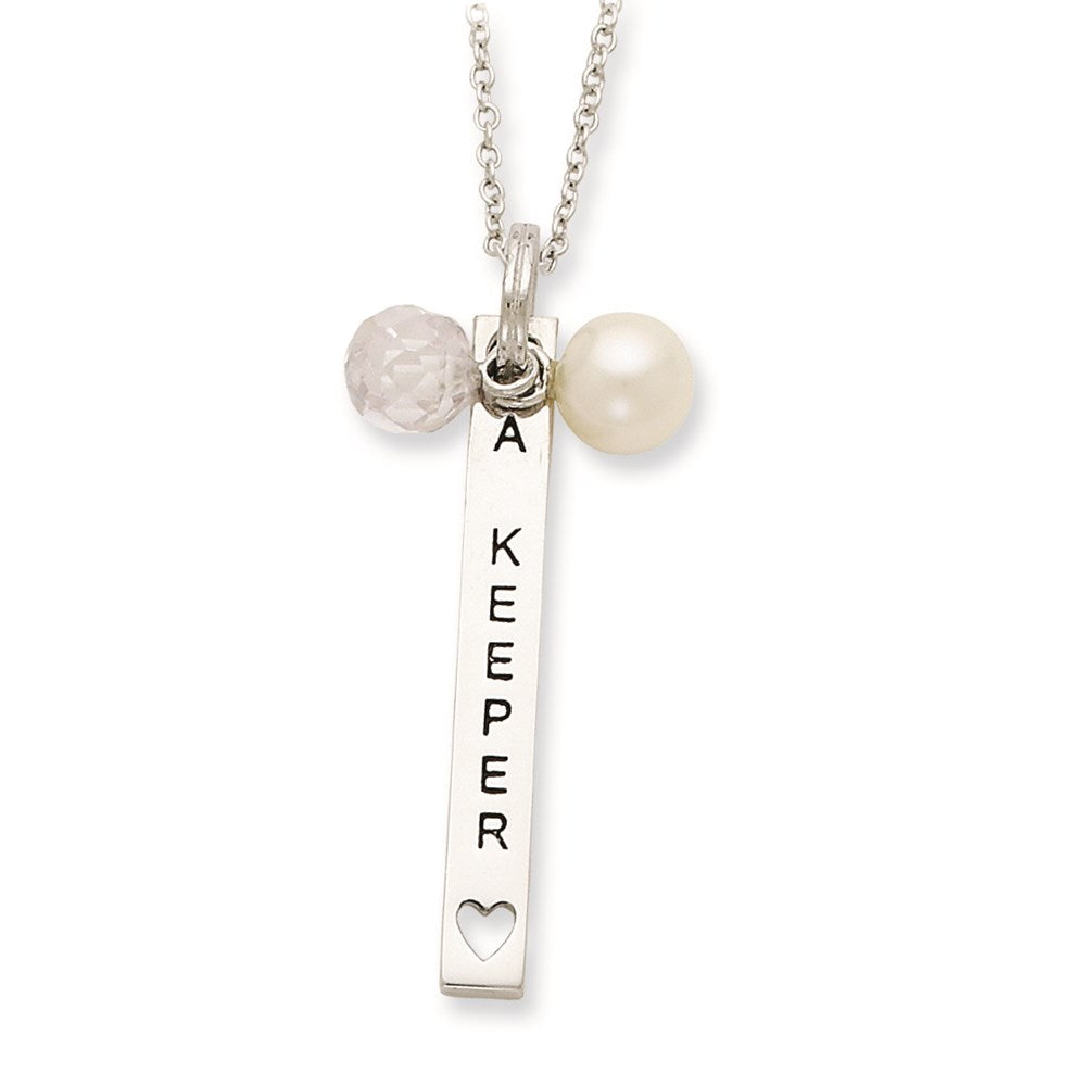 Sterlingsilber Sentimental Expressions Poliert & Antikisiert Süßwasser Zuchtperle Zirkonia I Am A Keeper Halskette