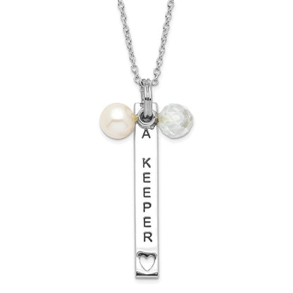 Sterlingsilber Sentimental Expressions Poliert & Antikisiert Süßwasser Zuchtperle Zirkonia I Am A Keeper Halskette
