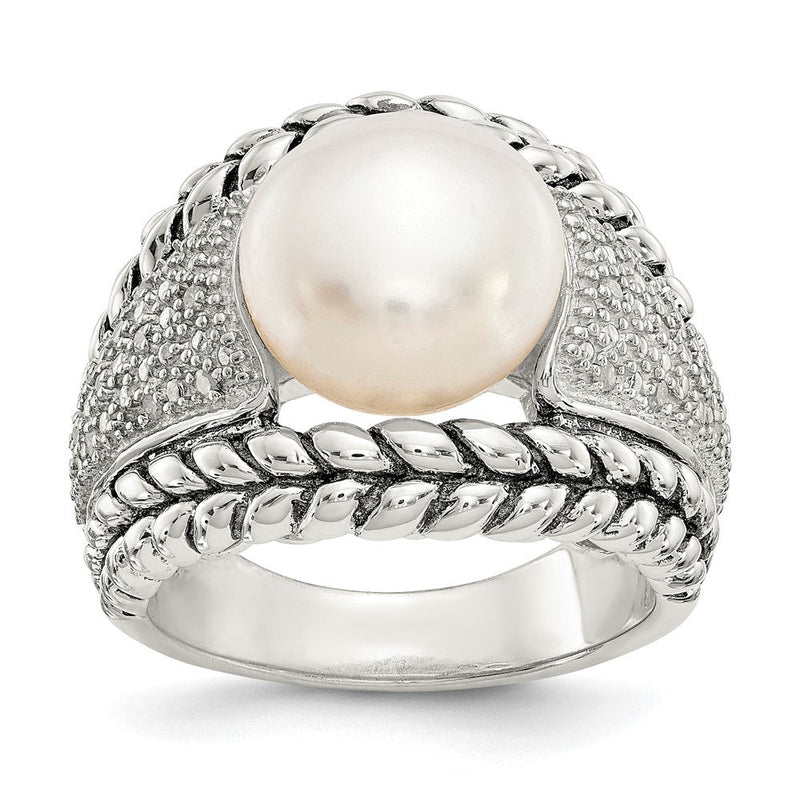 Sterlingsilber Shey Couture Antikisiert Süßwasser Zuchtperle und Diamant Ring