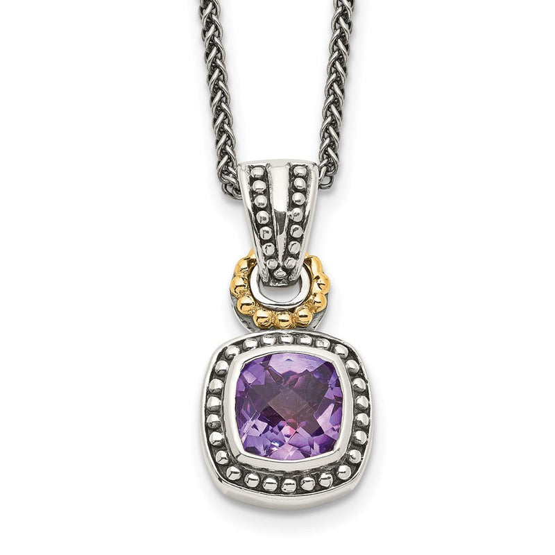 14K/silver Bicolor Shey Couture Sterlingsilber mit 14K Akzente 18 Zoll Antikisiert Kissen Zargenfassung Amethyst Halskette