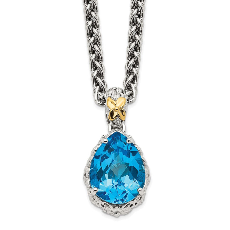 14K/silver Bicolor Shey Couture Sterlingsilber Rhodiniert mit 14K Akzente 18 Zoll Antikisiert Tropfen Geformt Blautopas Halskette