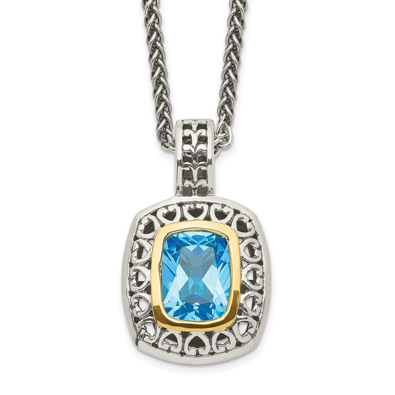14K/silver Bicolor Shey Couture Sterlingsilber mit 14K Akzente 18 Zoll Antikisiert Kissen Zargenfassung Licht Schweizer Blautopas Halskette