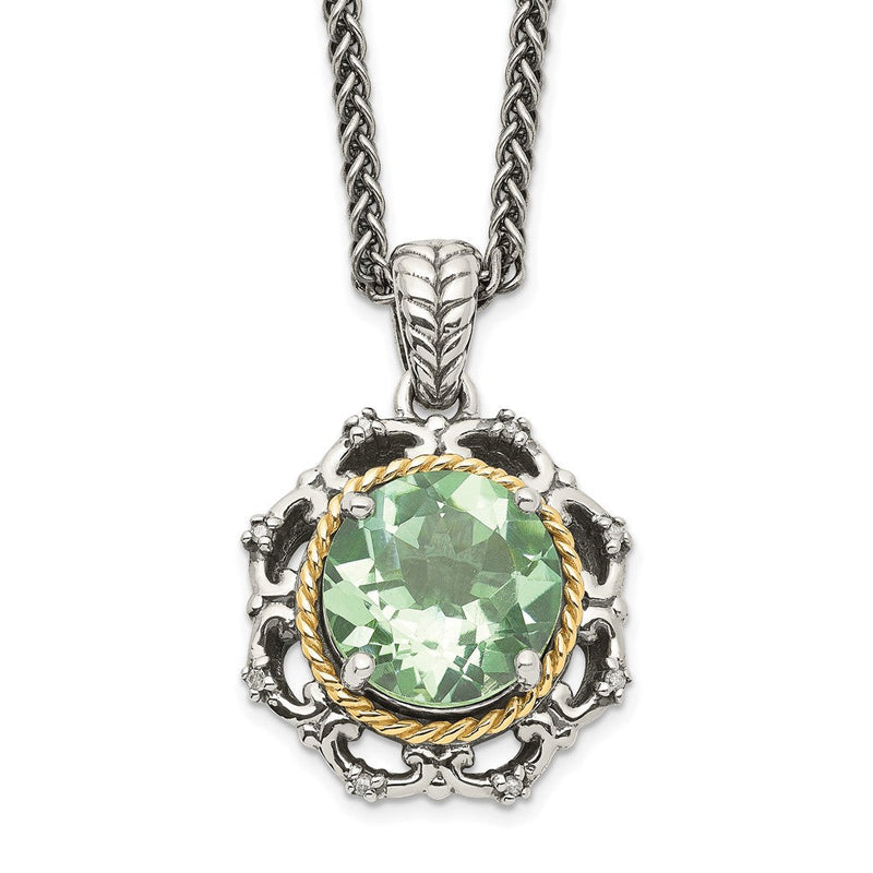 14K/silver Bicolor Shey Couture Sterlingsilber mit 14K Akzente 18 Zoll Antikisiert Rund Grün Quarz und Diamant Halskette