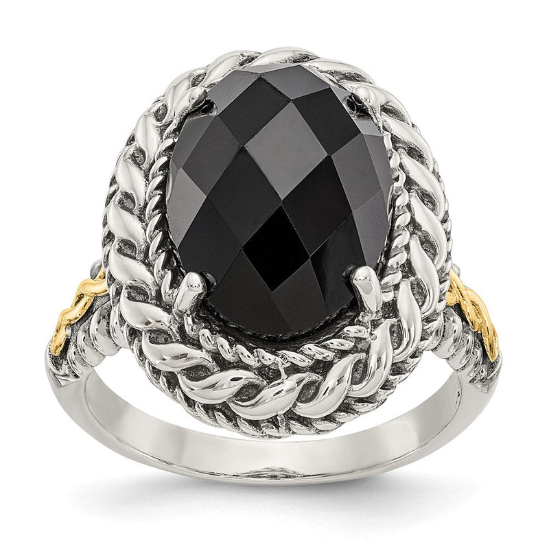 14K/silver Bicolor Shey Couture Sterlingsilber mit 14K Akzente Antikisiert Schachbrett Schliff Schwarz Onyx Ring