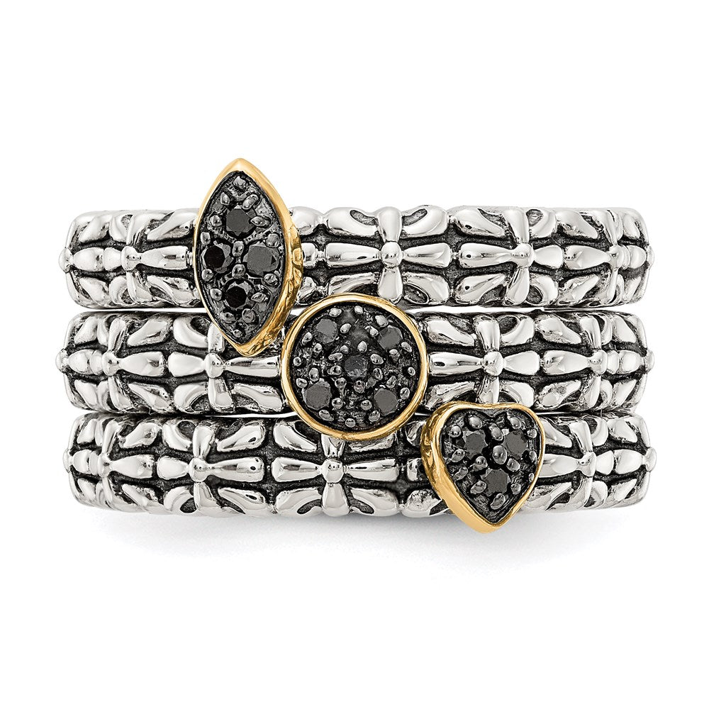 14K/silver Bicolor Sterlingsilber 14K Schwarz Diamant 3 Stapelbar Rings