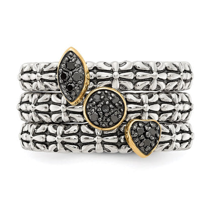 14K/silver Bicolor Sterlingsilber 14K Schwarz Diamant 3 Stapelbar Rings