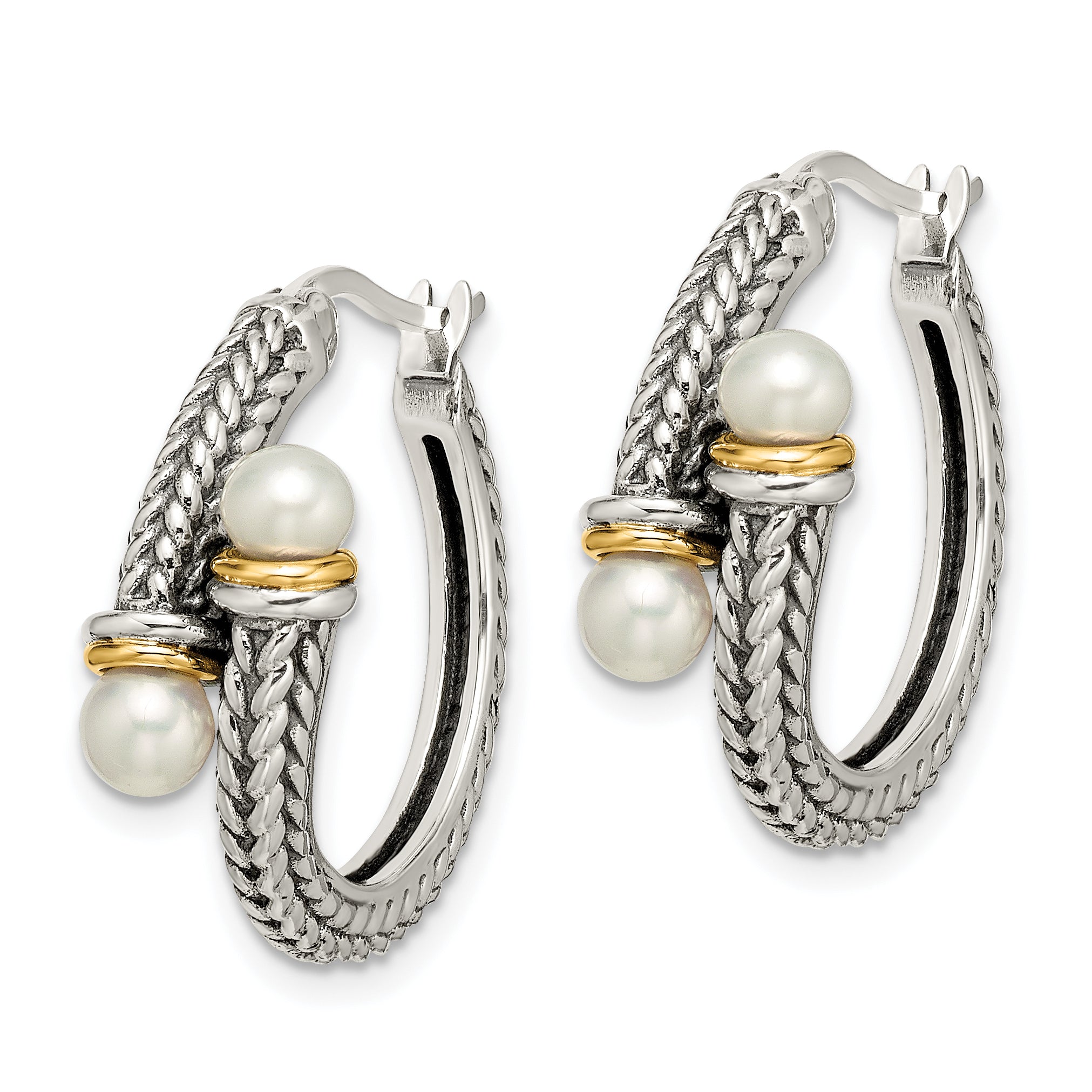 14K/silver Bicolor Shey Couture Sterlingsilber mit 14K Akzente Antikisiert 4mm Süßwasser Zuchtperle Creolen