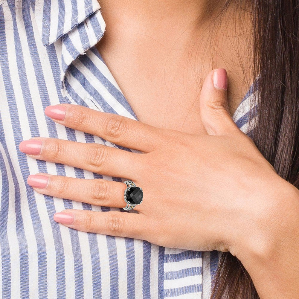 14K/silver Bicolor Shey Couture Sterlingsilber mit 14K Akzente Antikisiert Schachbrett Schliff Schwarz Onyx Ring