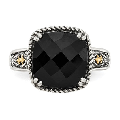 14K/silver Bicolor Shey Couture Sterlingsilber mit 14K Akzente Antikisiert Schachbrett Schliff Schwarz Onyx Ring
