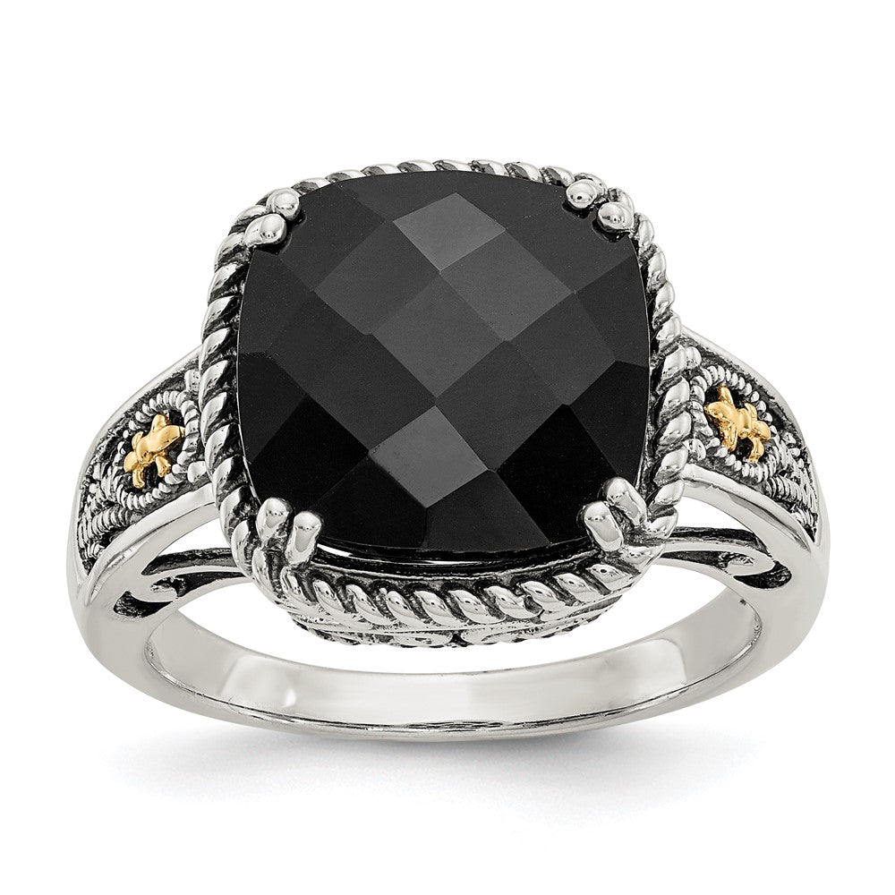 14K/silver Bicolor Shey Couture Sterlingsilber mit 14K Akzente Antikisiert Schachbrett Schliff Schwarz Onyx Ring