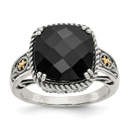 14K/silver Bicolor Shey Couture Sterlingsilber mit 14K Akzente Antikisiert Schachbrett Schliff Schwarz Onyx Ring