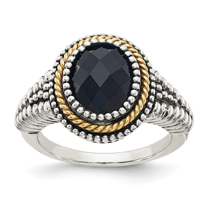 14K/silver Bicolor Shey Couture Sterlingsilber mit 14K Akzente Antikisiert Schachbrett Schliff Schwarz Onyx Ring