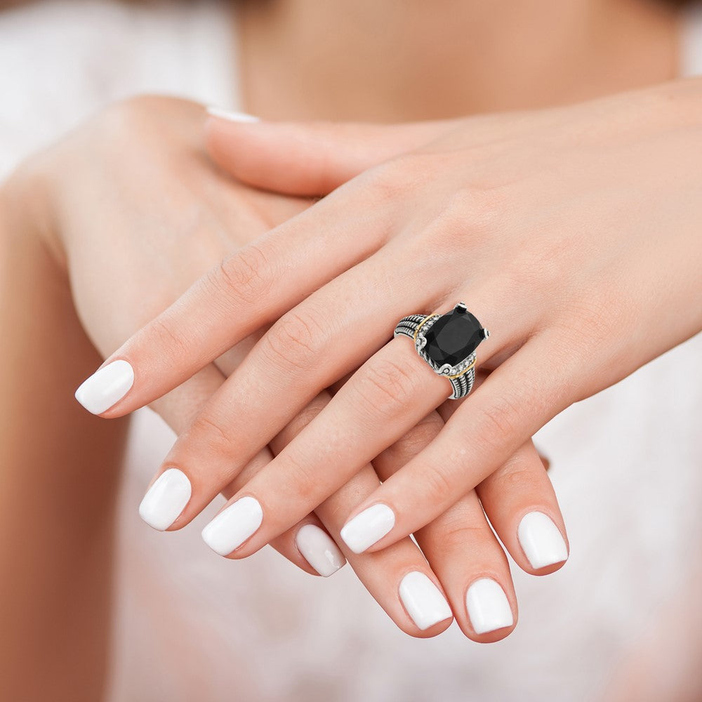 14K/silver Bicolor Shey Couture Sterlingsilber mit 14K Akzente Antikisiert Schwarz Onyx und Weiß Diamant Ring