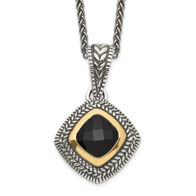 14K/silver Bicolor Shey Couture Sterlingsilber mit 14K Akzente 18 Zoll Antikisiert Schachbrett Schliff Schwarz Onyx Halskette