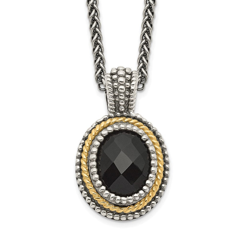 14K/silver Bicolor Shey Couture Sterlingsilber mit 14K Akzente 18 Zoll Antikisiert Schachbrett Schliff Schwarz Onyx Halskette