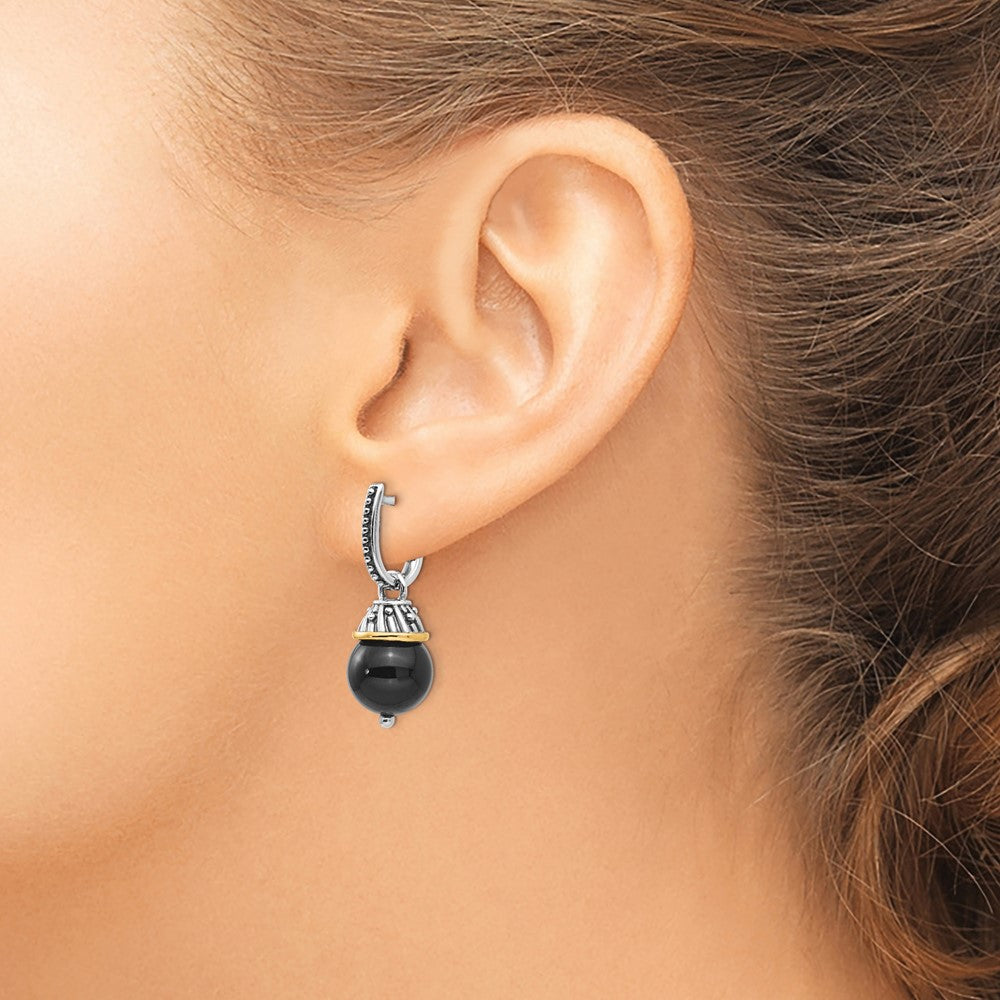 14K/silver Bicolor Shey Couture Sterlingsilber mit 14K Akzente Antikisiert Schwarz Onyx Klappbar Creole Ohrhänger