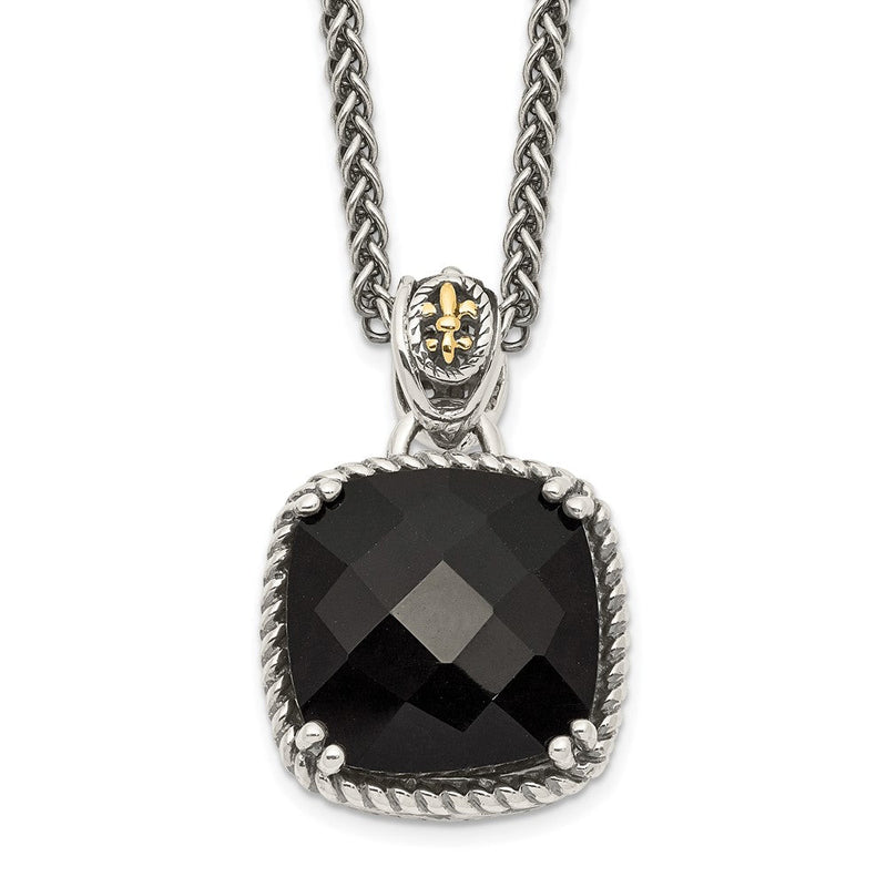 14K/silver Bicolor Shey Couture Sterlingsilber mit 14K Akzente 18 Zoll Antikisiert Schachbrett Schliff Schwarz Onyx Halskette