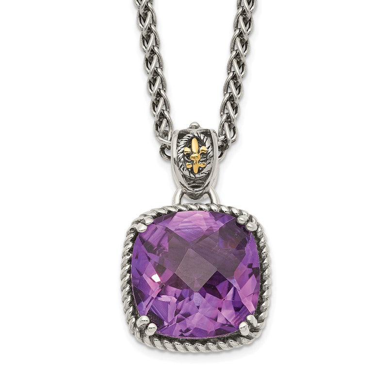 14K/silver Bicolor Shey Couture Sterlingsilber mit 14K Akzente 18 Zoll Antikisiert Kissen Schachbrett Amethyst Halskette