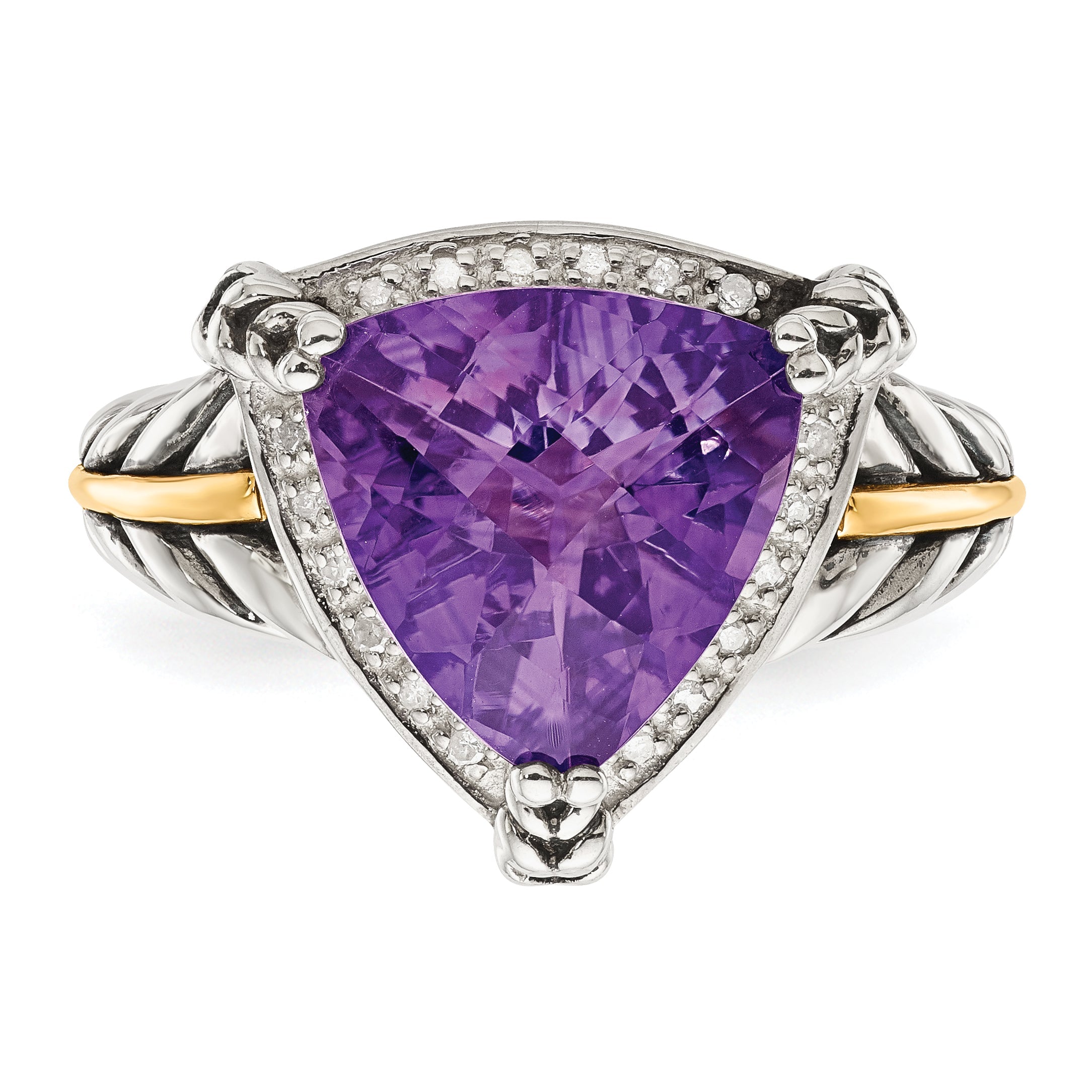 14K/silver Bicolor Shey Couture Sterlingsilber mit 14K Akzente Antikisiert Trillant Amethyst und Diamant Ring