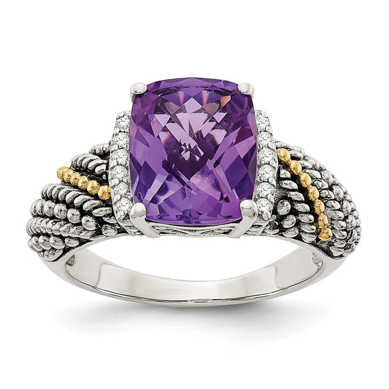 14K/silver Bicolor Shey Couture Sterlingsilber mit 14K Akzente Antikisiert Diamant und Kissen Amethyst Ring