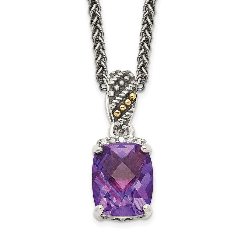 14K/silver Bicolor Shey Couture Sterlingsilber mit 14K Akzente 18 Zoll Antikisiert Diamant und Schachbrett Schliff Kissen Amethyst Halskette